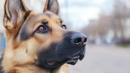 Noble German Shepherd: Close-up of an alert german shepherd showcasing its noble stance, intelligent eyes, and distinctive black and tan markings, embodying loyalty and grace.