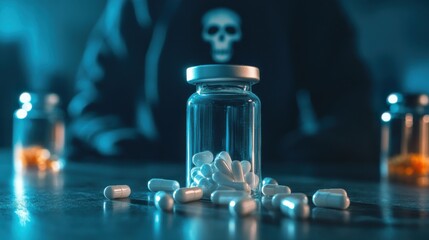 Deadly Pills: A chilling depiction of prescription pills scattered ominously on a surface, evoking a sense of danger and risk.