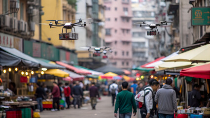 Obraz premium Une nuée de petits drones de livraison bourdonnant autour d’un marché urbain animé.