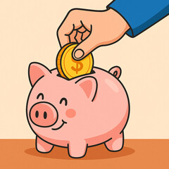Fototapeta premium Cartoon Hand Inserting Coin into Cute Piggy Bank