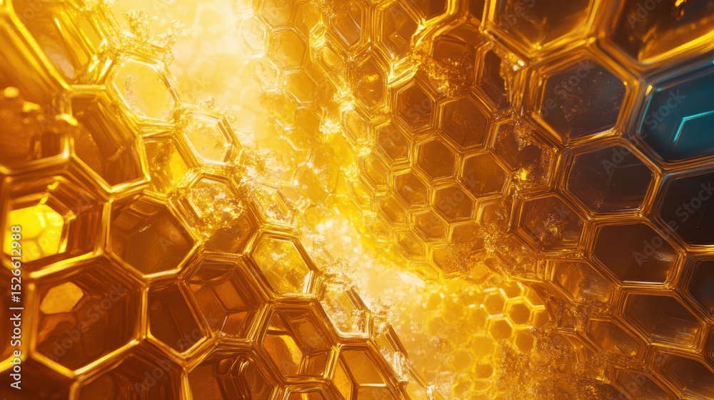 Poster close-up view of stylized honeycomb structure with golden liquid