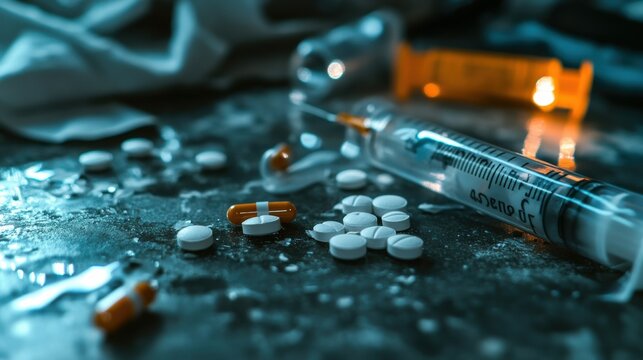 Drug Abuse Aftermath: Scattered pills, a discarded syringe, and crumpled cash lay on a dark, textured surface, a stark visual representation of the devastating consequences of drug addiction.