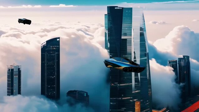 
Futuristic Flying Cars Above the Clouds in a Sci-Fi City