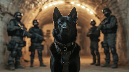Elite Canine Sentinel: A powerful black german shepherd, embodying strength and loyalty, stands guard in a tunnel, flanked by a squad of masked figures ready for action.