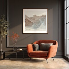 Modern abstract art on a dark wall, lounge chair