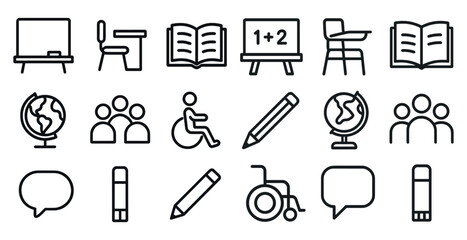 Educational icons set: school supplies, learning, and accessibility symbols