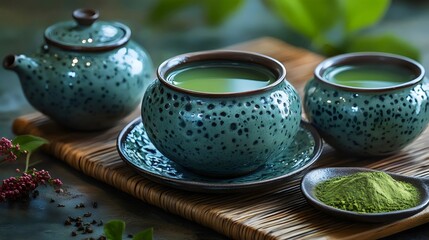 Matcha tea ceremony: elegant cups, teapot, and powder on a wooden table