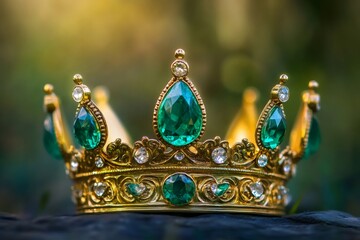 Fototapeta premium Golden royal crown decorated with emeralds and diamonds, resting on a dark stone, symbolizing royalty, power, and luxury