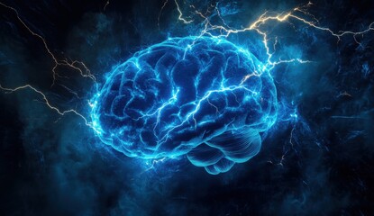 Human brain digital illustration showing electrical activity and flashes