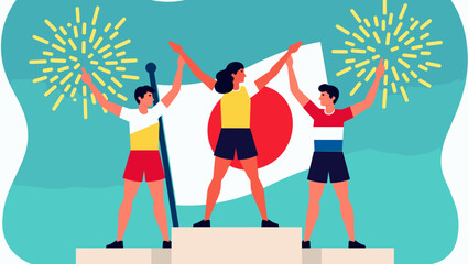Three athletes celebrating on a winners podium in front of the Japanese flag with fireworks in the background. Flat vector illustration of victory