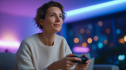 Obraz premium A woman enjoying a video game in a modern gaming room