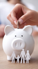 Family saving money by putting coin into white piggy bank, symbolizing budget planning and financial security for future