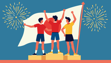 Fototapeta premium Three male athletes standing on a winners podium in front of Japanese flag and fireworks. Flat vector illustration ideal for tournament and sport victory themes