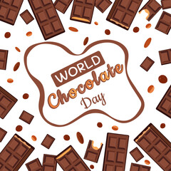 World Chocolate Day Banner with Chocolate Bars, Pieces, and Coffee Beans on White Background – Vector Illustration for Holiday, Dessert, Sweets, Coffee and Bakery Promotions