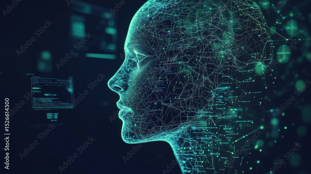 Poster futuristic woman in digital space with lines of code