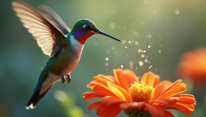 Hummingbird feeding on vibrant orange flower in garden