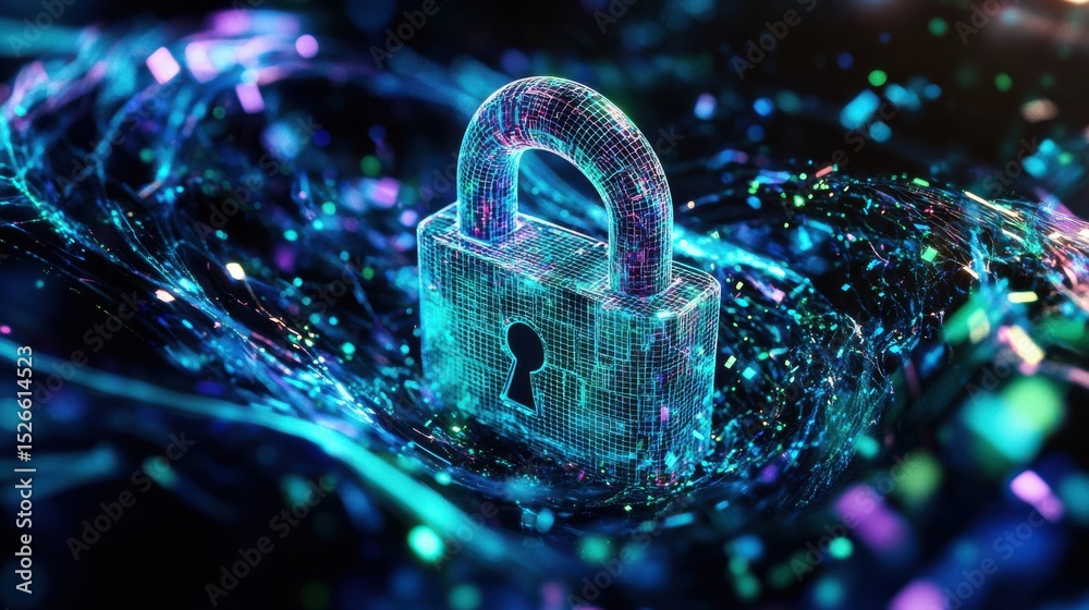 Poster digital wireframe padlock in abstract futuristic environment
