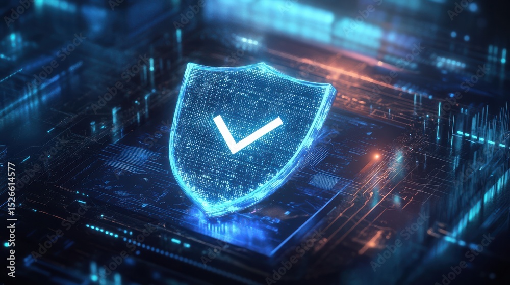 Poster glowing digital shield with check mark in abstract night setting