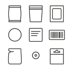 Packaging Design Icons. Outline icon set of packaging design elements: foil bag, resealable pouch, clear window box, branding