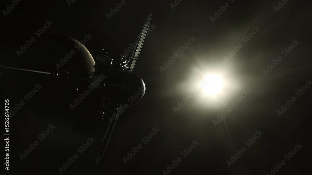 Poster spacecraft traveling through vast outer space with planet backdrop