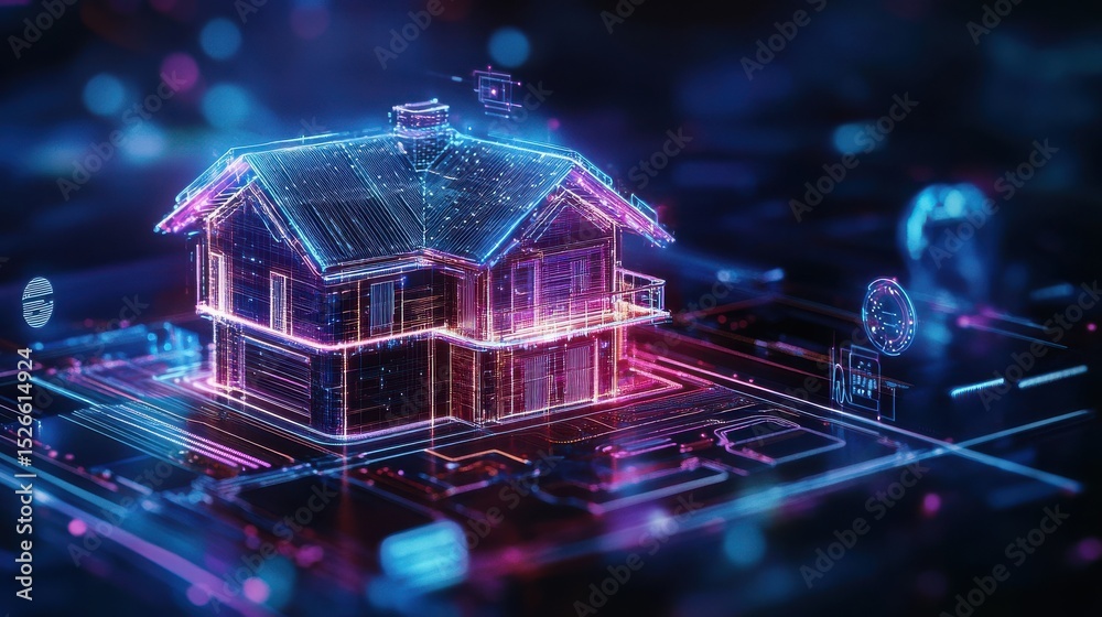 Poster Digital rendering of a glowing house in futuristic environment