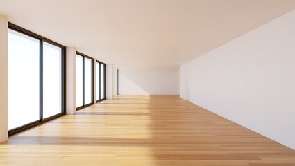 Obraz premium Modern Empty Room Design Sunlight Streaming Through Large Windows, Hardwood Floors