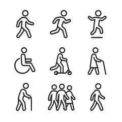 Fototapeta premium Pedestrian Mode Icons. Outline icon set of pedestrian modes: walking figure, jogging figure, hopping child, wheelchair user,