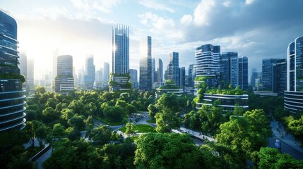 Serene city park with futuristic buildings and lush trees