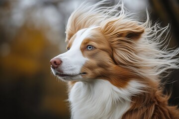Border collie with long, flowing blonde fur blowing in the wind, showcasing its elegant and majestic appearance against a blurred natural background
