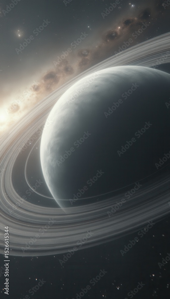 Poster serene planet with rings in vast outer space during daytime