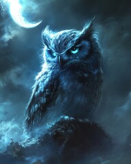 Glowing blue owl, moonlit night