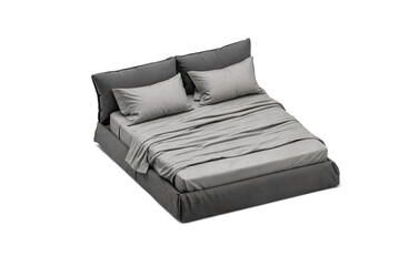 Grey soft double bed with bedding, ai generated