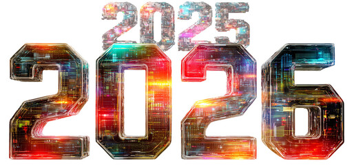 2025 changing into 2026 banner element in futuristic, tech style