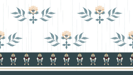 Green leaves and pink flower on white ethnic ikat texture  design. textile fashion pattern line ikat seamless pattern and batik fabric texture asian background wallpaper geometry indian. 