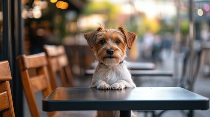 Small mixed breed dog sitting at cafe table on city street