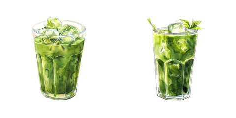 matcha latte ice watercolor vector illustration
