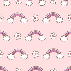 cute hand drawn cartoon pink and purple rainbow and white daisy flowers seamless vector pattern background illustration