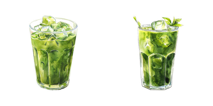 matcha latte ice watercolor vector illustration