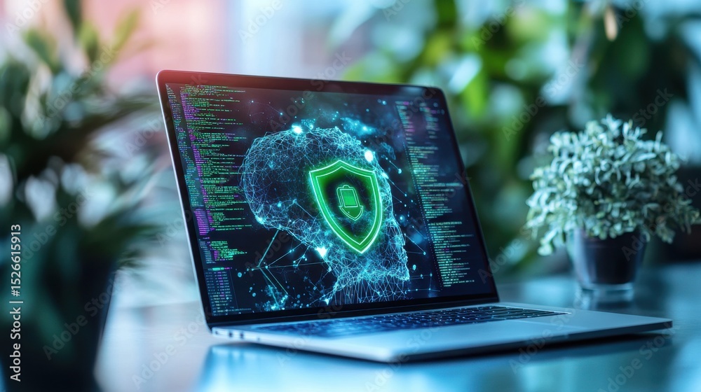 Poster Laptop displaying code and digital shield icon in home office