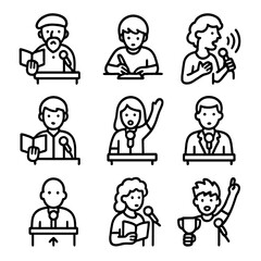 Poetry Reader Icons. Outline icon set of poetry reader personas: seasoned poet, emerging writer, spoken word artist, student