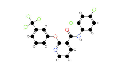 diflufenican molecule, structural chemical formula, ball-and-stick model, isolated image herbicide