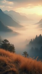 Obraz premium Foggy Sunrise Over Serene Mountain Valley with Trees and Grass