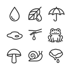 Rainy Forest Icons. Outline icon set of rainy mist forest: raindrop, wet leaf, umbrella, puddle, dripping branch, frog, mushroom,
