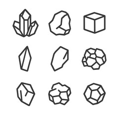 Raw Mineral Icons. Outline icon set of raw material minerals: quartz crystal, calcite piece, gypsum block, halite cube, dolomite