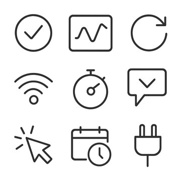 Real-Time Data Icons. Outline icon set of real-time data widgets: live tick, streaming graph, refresh button, network status icon,