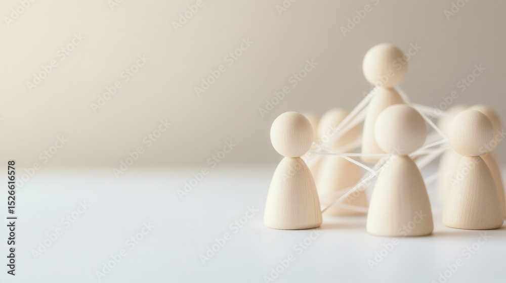 Aufkleber Wooden figurines connected by string on tabletop in serene studio