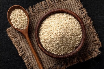 Sesame seeds in a wooden bowl and spoon on a burlap cloth background
