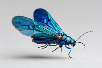 a blue insect with a long antennae and a long tail