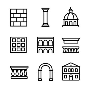 Renaissance Architecture Icons. Outline icon set of Renaissance architecture: rusticated stone, pilaster, domed roof, coffered