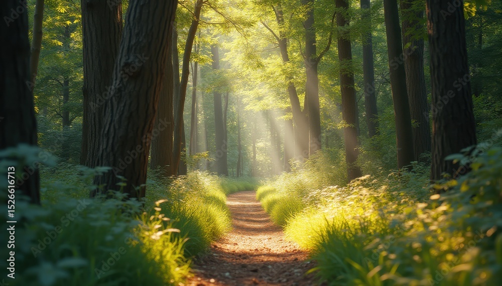 Poster serene forest path illuminated by sunlight in tranquil nature